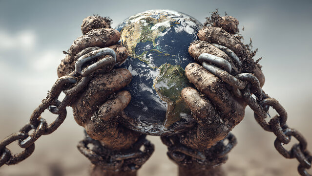 Giant muddy hands holding a chained Earth globe representing environmental destruction, human impact, and global confinement