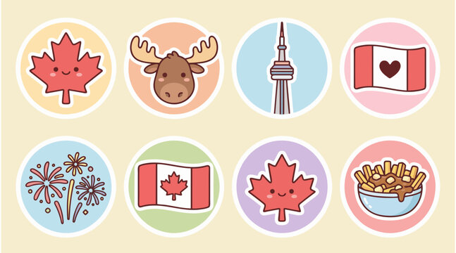 Set of cute Canadian themed vector graphic stickers featuring iconic symbols like maple leaves moose poutine and the national flag