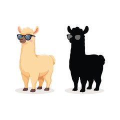Fototapeta premium Cute cartoon llama character wearing sunglasses standing next to its own solid black silhouette shape isolated on a plain white background