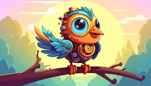 Whimsical steampunk bird on branch outdoors.