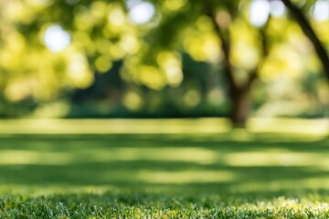 Fototapeta premium Grass lawn in a sunny park with green nature bokeh and blurred summer meadow field