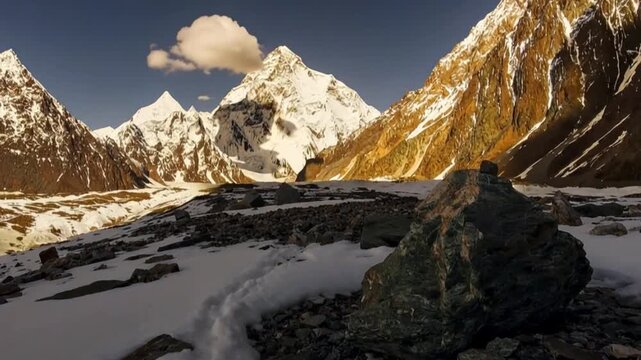K2 mountain peak, second highest mountain in the world, K2 trek, Pakistan, Asia. Time lapse.