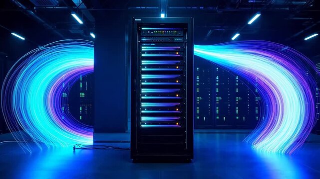 Server room with colorful light trails