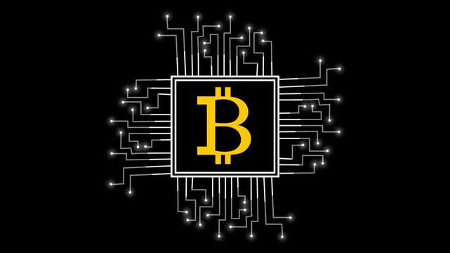 Bitcoin logo animation with circuit board pattern on black background representing cryptocurrency blockchain technology digital payment systems and virtual currency mining clip.