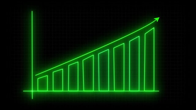Dynamic neon green bar chart graph shows upward trend and growth with arrow indicator on dark grid background for business finance concepts motion footage.