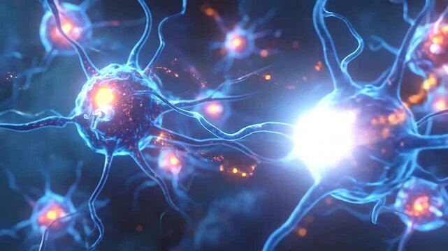 Microscopic view of glowing blue neurons firing electrical impulses in a neural network