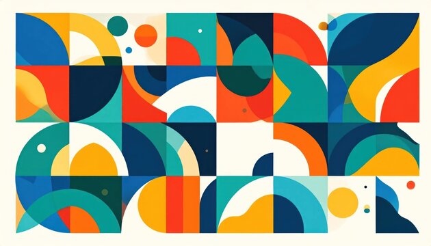 Abstract geometric composition with colorful circles and semicircles.