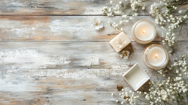 Rustic wooden background with candles, soap, and flowers
