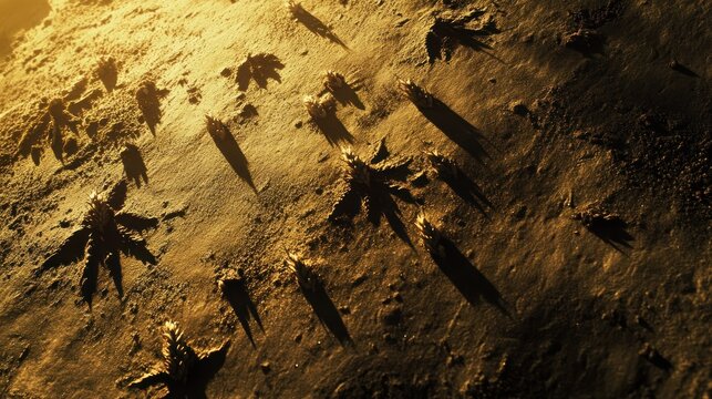 Golden shadows of plants on a textured surface.