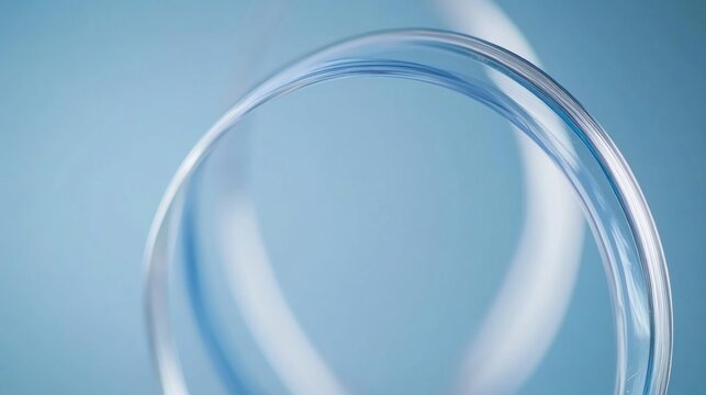 Intertwined transparent rings against a soft blue backdrop.