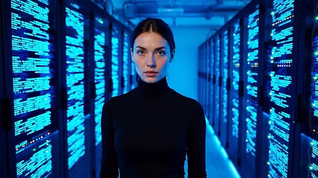 Woman in server room with glowing code