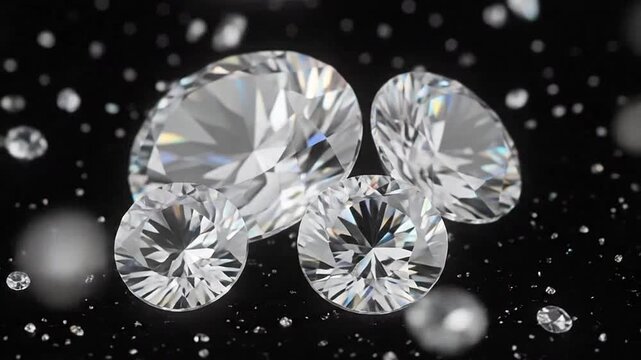 Sparkling brilliant cut diamonds scattered on a dark black surface