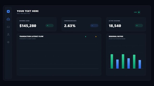 Professional dark mode business dashboard interface with animated financial charts, revenue statistics, conversion rates, and live data visualization for analytics.