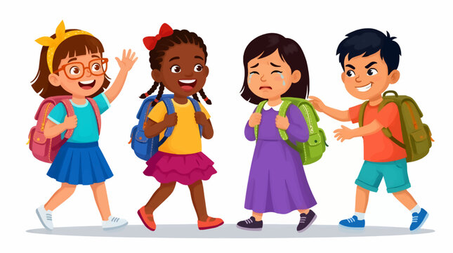 Diverse School Children Walking, One Crying, Another Comforting, Flat Vector Illustration with Four Kids and Backpacks, Representing Bullying, Empathy, and Friendship