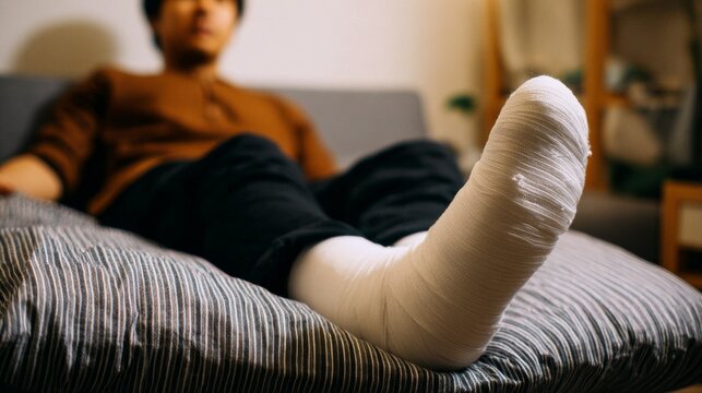 Injured person wearing a white cast on foot resting on a striped pillow while sitting on couch. Close view of leg injury recovery, medical care and rehabilitation after accident or fracture.