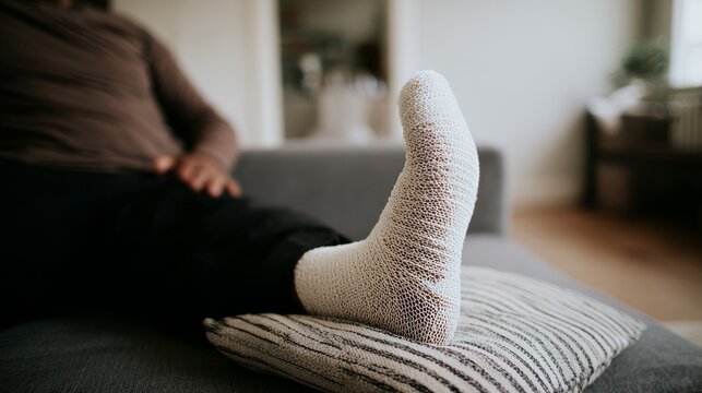 Injured person wearing a white cast on foot resting on a striped pillow while sitting on couch. Close view of leg injury recovery, medical care and rehabilitation after accident or fracture.