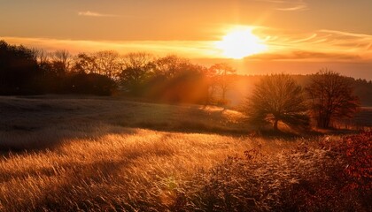 Fototapeta premium Golden Rays Of Sunlight Casting Long Shadows Over Dry Grass In A Serene Autumn Landscape At Dusk Nature S Tranquil Evening Glory