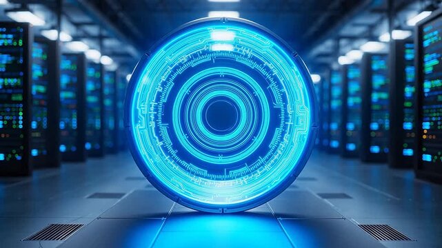 Futuristic glowing circle in server room