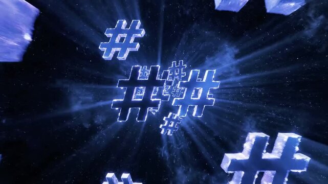 A futuristic digital illustration of glowing blue hash symbols against a dark background