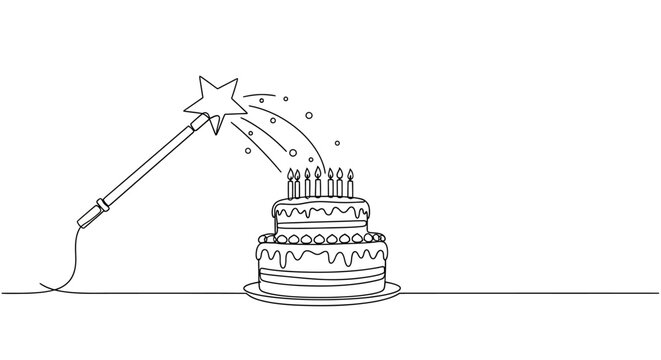 Whimsical Birthday Cake with Magic Wand and Sparkles, Hand-Drawn Line Art