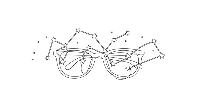 Conceptual illustration of eyeglasses with celestial constellation overlay