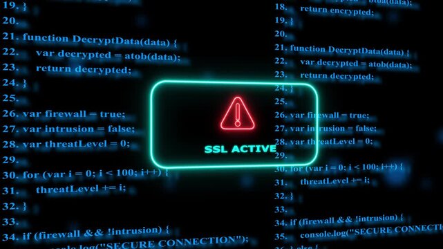 Ssl active cybersecurity notification with digital programming code background, for data protection, and network security concept