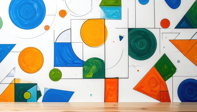 Abstract geometric wall mural with colorful shapes and circles.