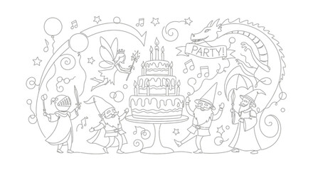 Obraz premium Whimsical Fantasy Birthday Party with Dragon, Fairy, Gnomes, and Knight
