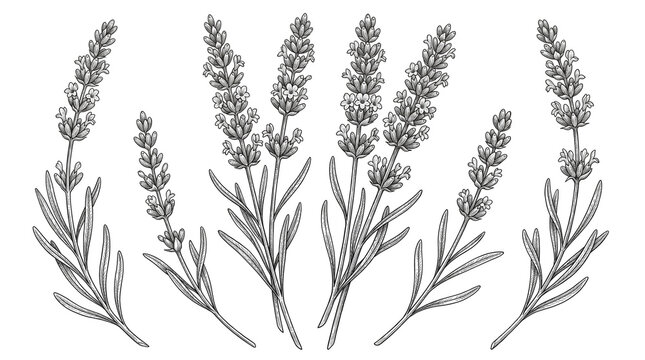 Vintage lavender botanical sketches, hand drawn floral lavender sprigs, black and white medicinal herb illustrations for organic product packaging isolated PNG with Transparent Background