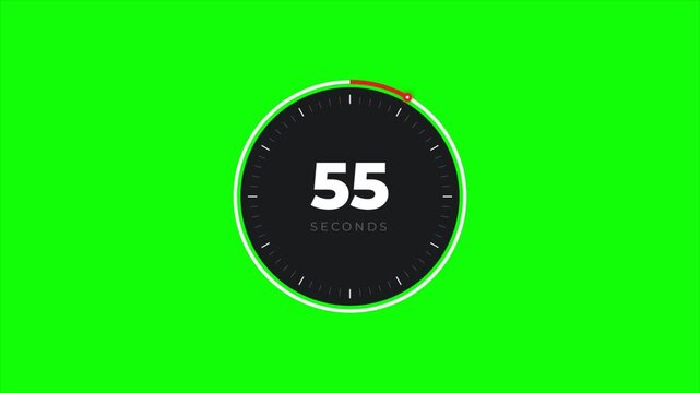 Minimalist sixty second circular countdown timer on chroma key green screen. Precision one minute numeric clock overlay for workout intervals and quiz challenges. 4k video