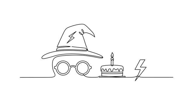 Magic Birthday Celebration: Wizard Hat, Glasses, Cake, Lightning Bolt - Continuous Line Art