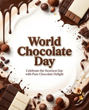World chocolate day celebration poster with liquid melted chocolate