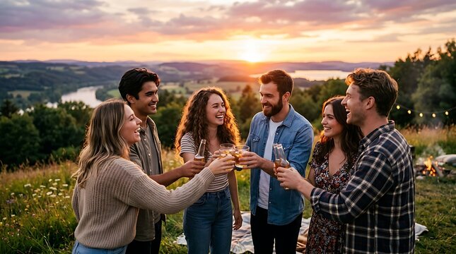 Friends celebrating sunset with drinks on a hill.