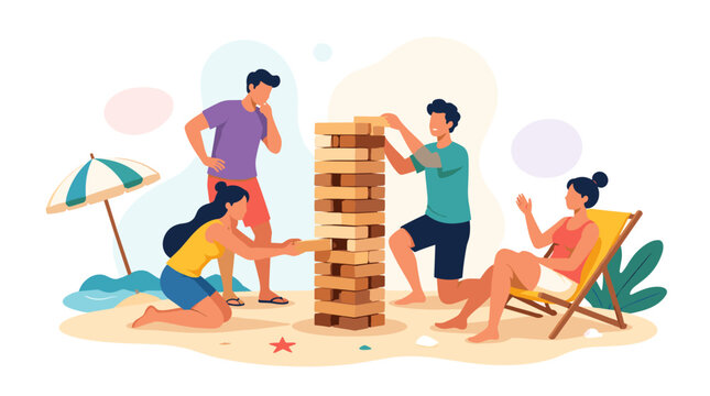 Summer Beach Party Tropical Island Vacation Family Playing Jenga on Sand.