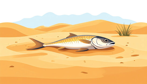 Fish lying on sandy desert ground.