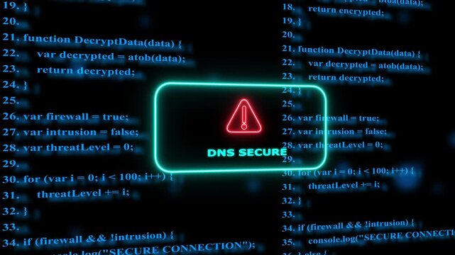 Dns secure digital security concept with glowing warning and scrolling programming code background cybersecurity