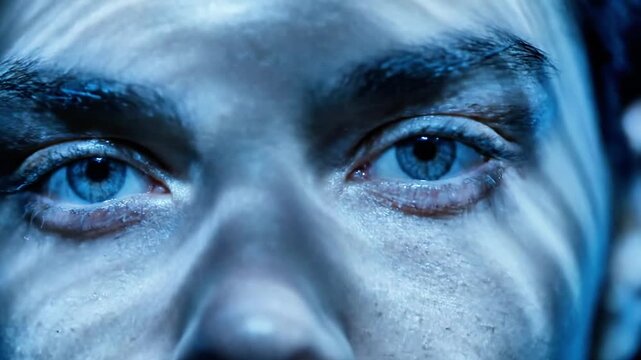 A close-up of a person's face with blue eyes and dark eyebrows