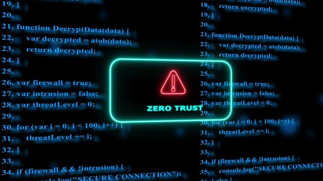 Zero trust cybersecurity concept: glowing warning over digital programming code background, data protection