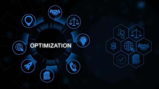 Optimization concept with interconnected gears, charts, dollar signs, and global network symbols on dark background