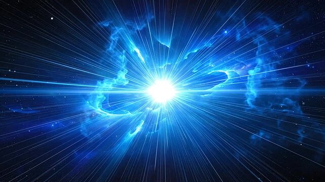 A bright blue supernova explosion radiates light across the deep dark cosmos