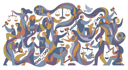 Obraz premium Flat international criminal justice day vector illustration. Diverse legal professionals, judges, and lawyers holding scale, gavel, and globe with flowing ribbons.