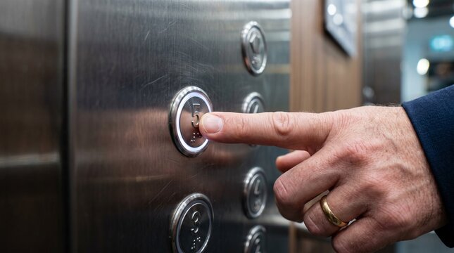 Close up of a man's finger pressing the number 5 button on a brushed metal elevator control panel