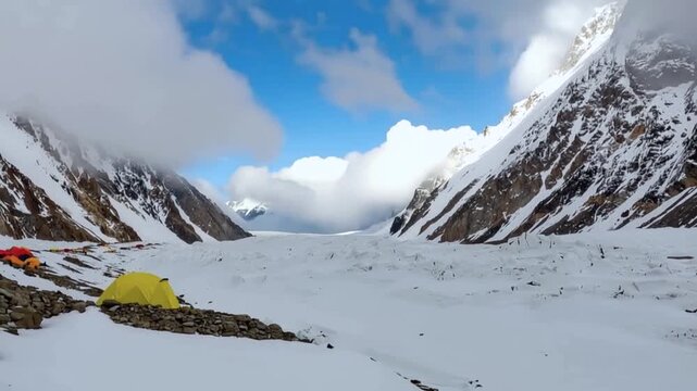 K2 mountain peak, second highest mountain in the world, K2 trek, Pakistan, Asia. Time lapse. Tent.