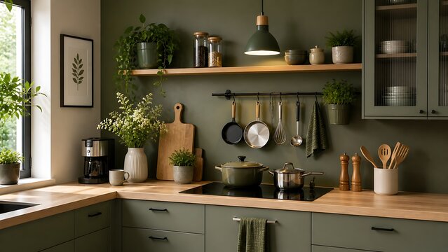 Modern kitchen interior with green cabinets and wooden countertops and cookware