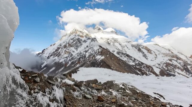 K2 mountain peak, second highest mountain in the world, K2 trek, Pakistan, Asia. Time lapse.