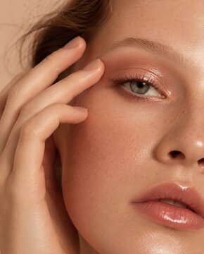 Rose-gold eyeshadow makeup macro close-up with fingertip application and luminous eye detail makeup beauty portrait of female model with luminous skin