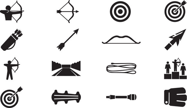 Archery icons, bow and arrow symbols, target vector graphics, 20 silhouette illustrations