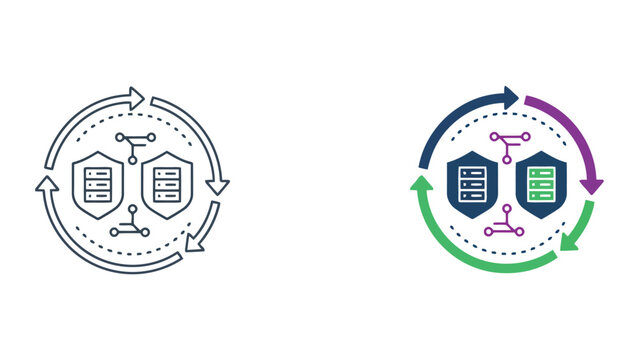 Data server redundancy cycle icon with dual shield protection and circular arrow flow representing high availability storage and failover security systems in flat vector graphic style