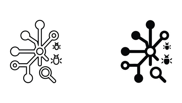 Software bug detection and network diagnostics icon featuring magnifying glass and circuit nodes for technical troubleshooting and system maintenance in a clean vector graphic design style