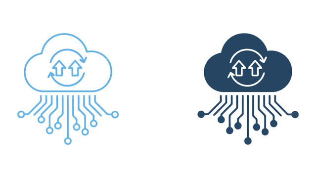 Cloud server data synchronization icon set representing bidirectional file transfer and network connectivity for distributed computing and remote cloud storage infrastructure systems
